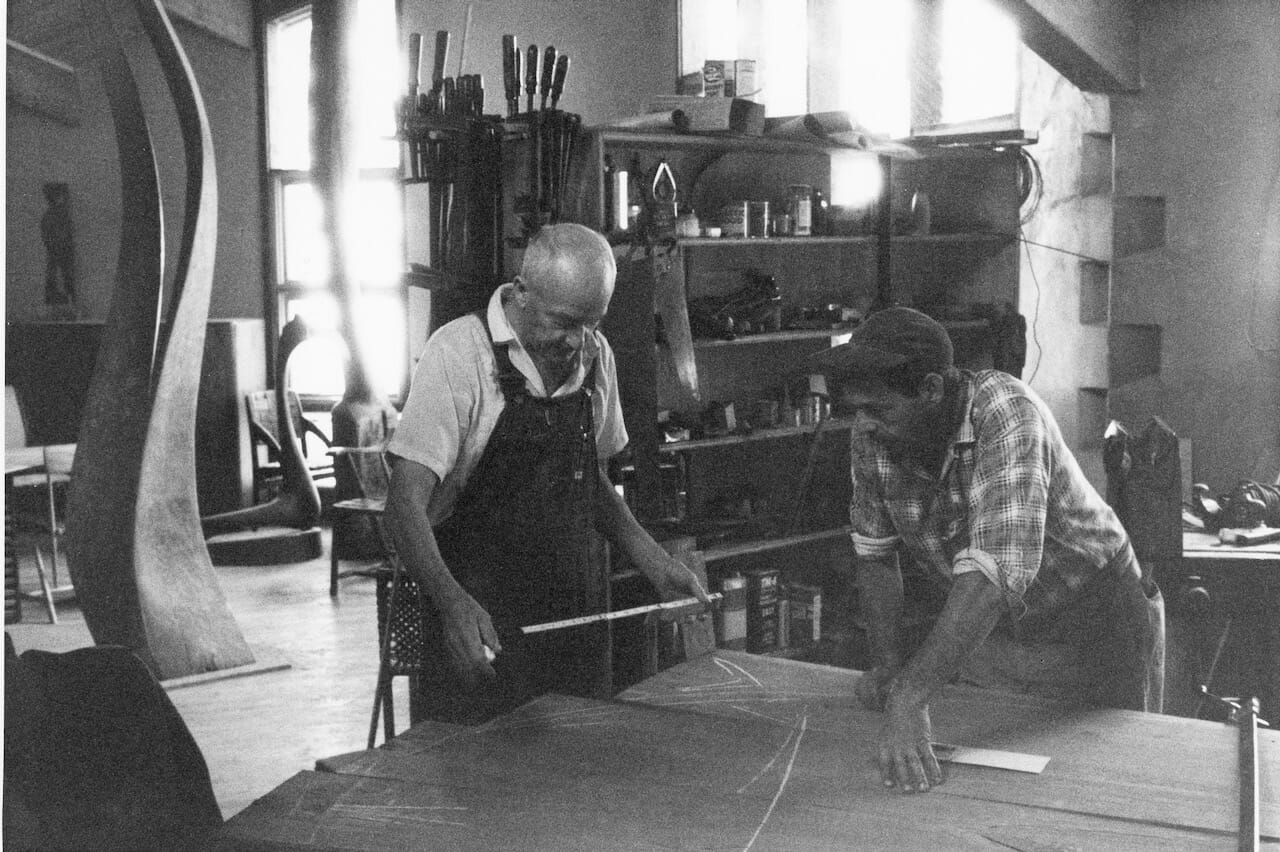 Black and white photo of Wharton Esherick in the 1956 Workshop with Bill McIntyre