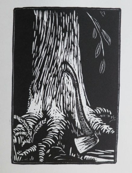 Woodcut print by Wharton Esherick of an axe leaning against a tree stump