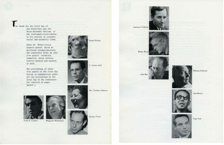 Portraits of the Ceramics and Wood area panelists from the Asilomar Conference Program (1957) featuring Takaezu and Esherick.