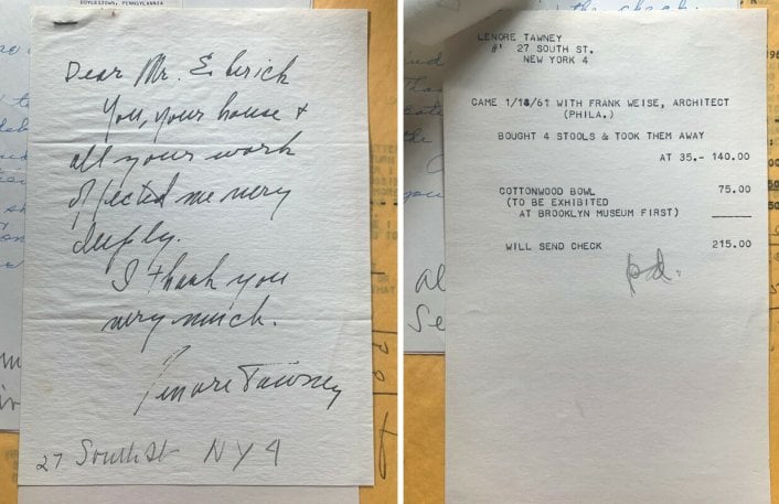 Letter and receipt from Lenore Tawney’s 1961 visit to WEM.