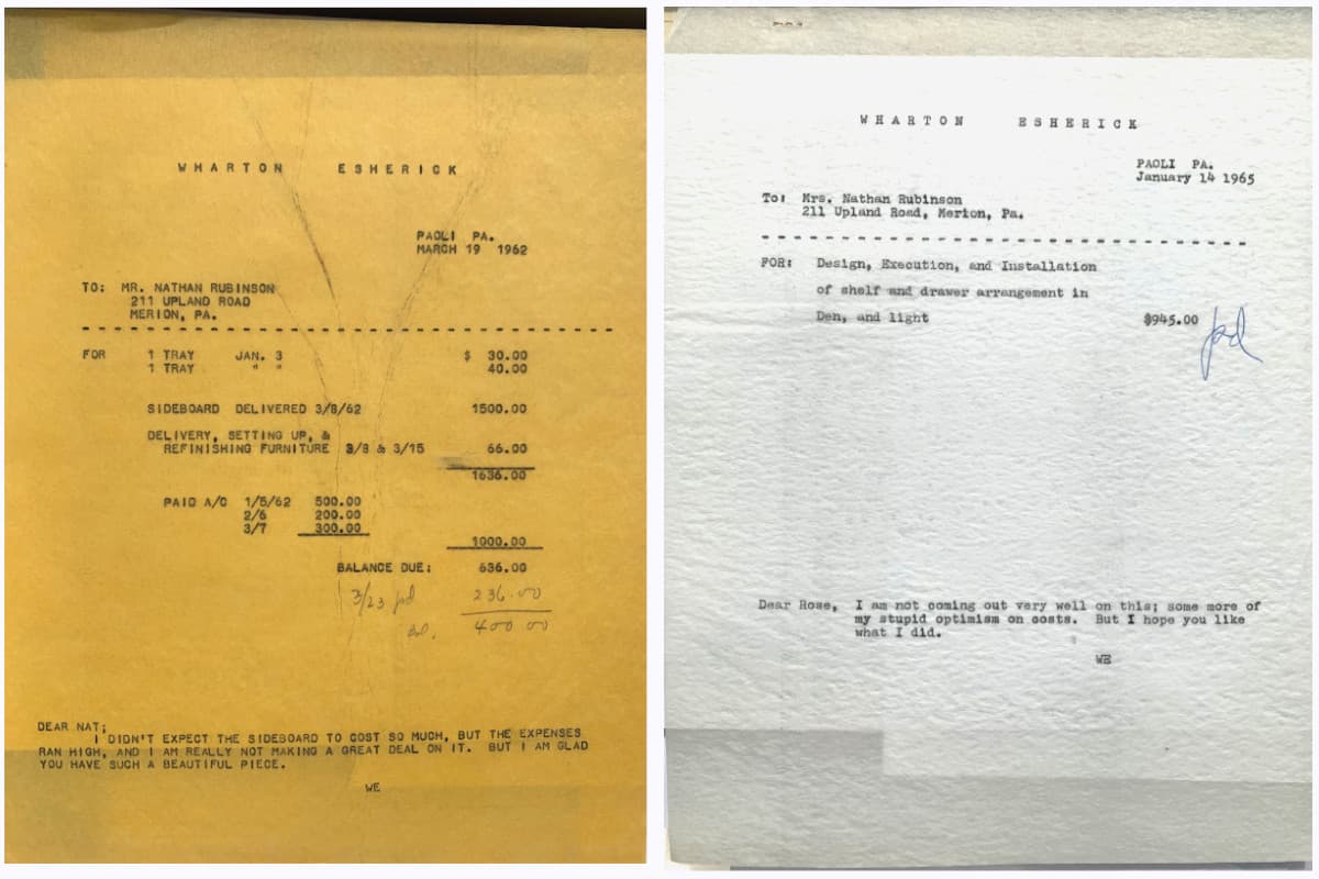 Photo of two invoices from Esherick to the Rubinsons