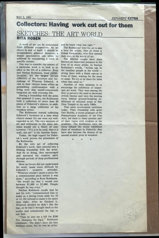 Clipping of newspaper article about Rubinsons as collectors of Wharton Esherick's work